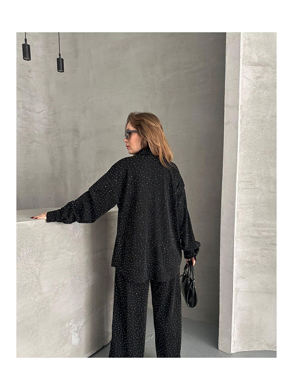 Siyah Taşlı Elastanlı Kumaş İkili Gömlek Takım-3