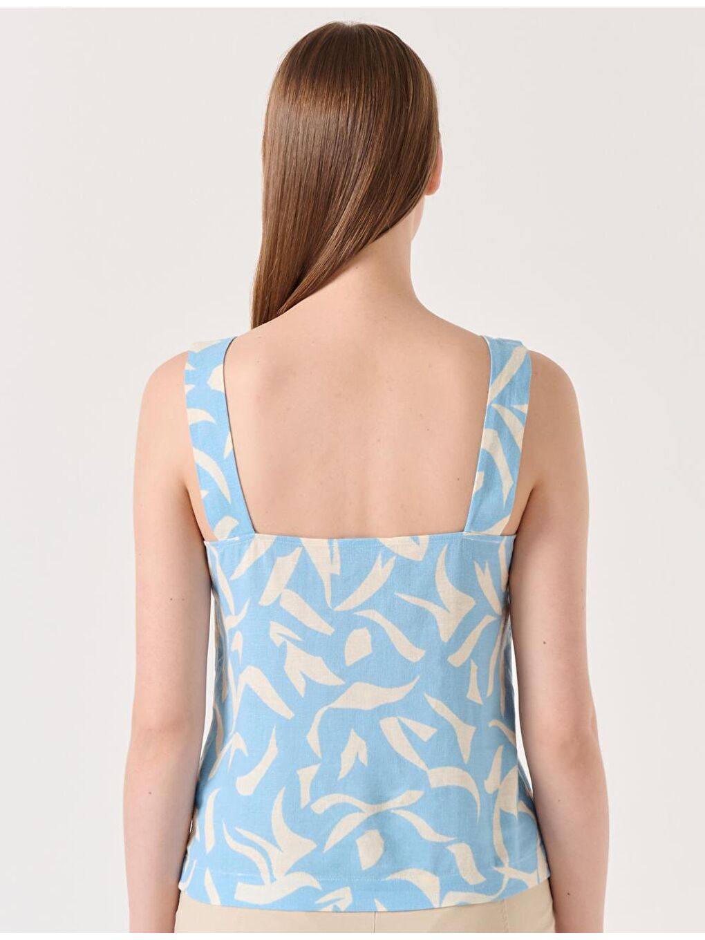 Gök Mavisi Kare Yaka Askılı Desenli Keten Bluz-4