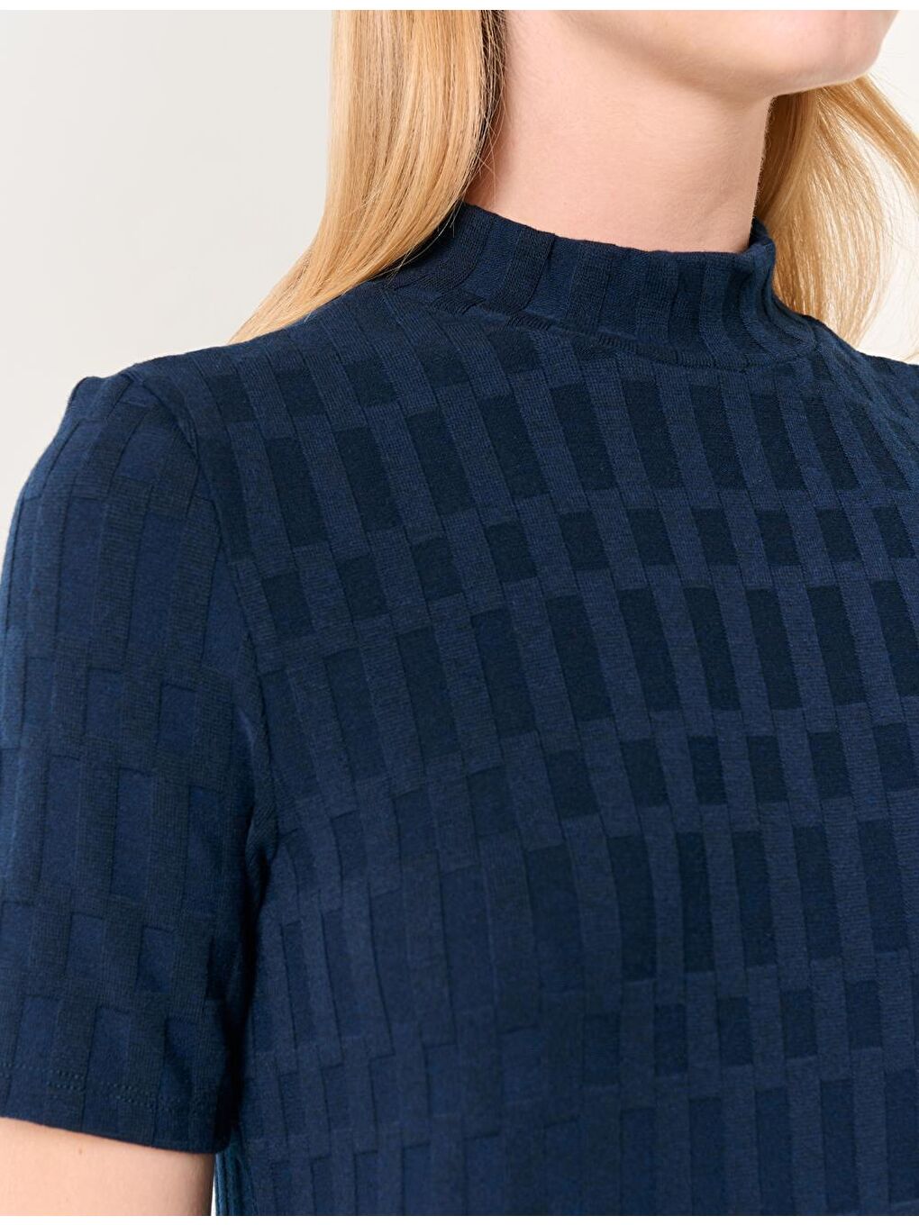 Lacivert Balıkçı Yaka Kısa Kollu Örme Midi Elbise-2