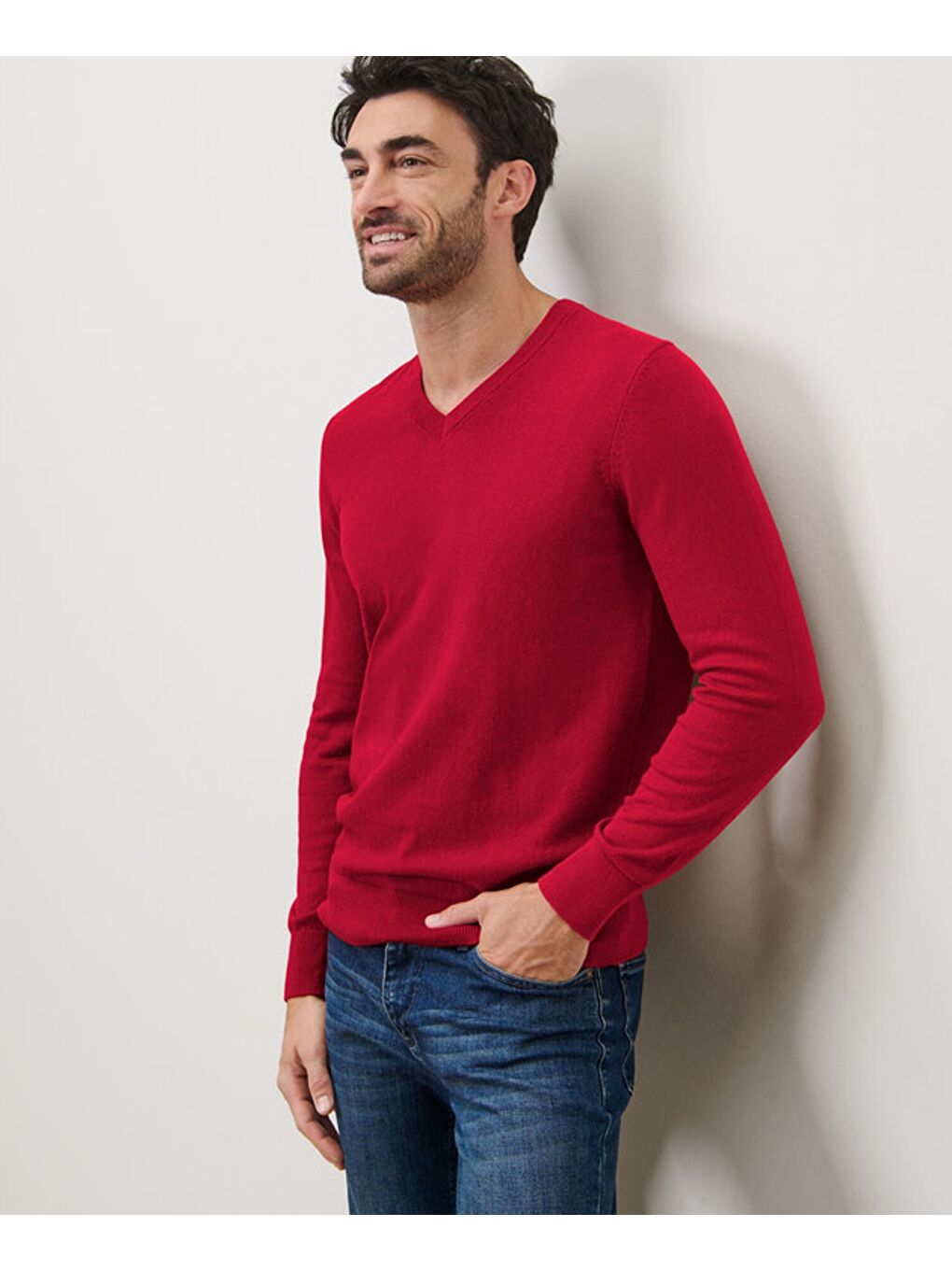 Erkek Kazak, V Yaka, GOTS, Kırmızı