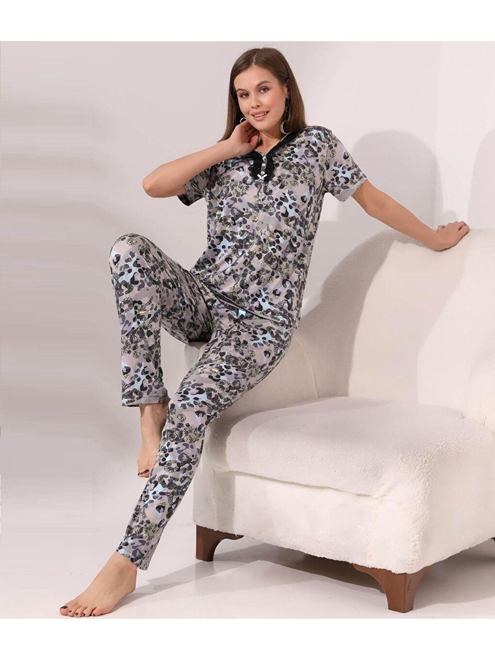 ENİSENA Turkuaz Kadın Pijama Takımı-Biyeli Yaka Detaylı-M-L-XL-2XL-061Zmrm - 2