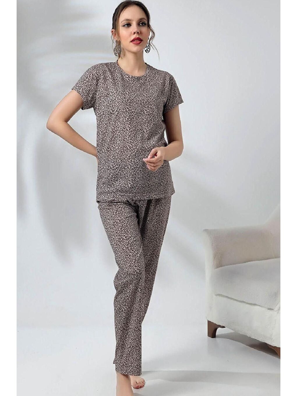 ENİSENA Gri Kadın Pijama Takımı-Papatya Desenli-M-L-XL-2XL-049Zmrm