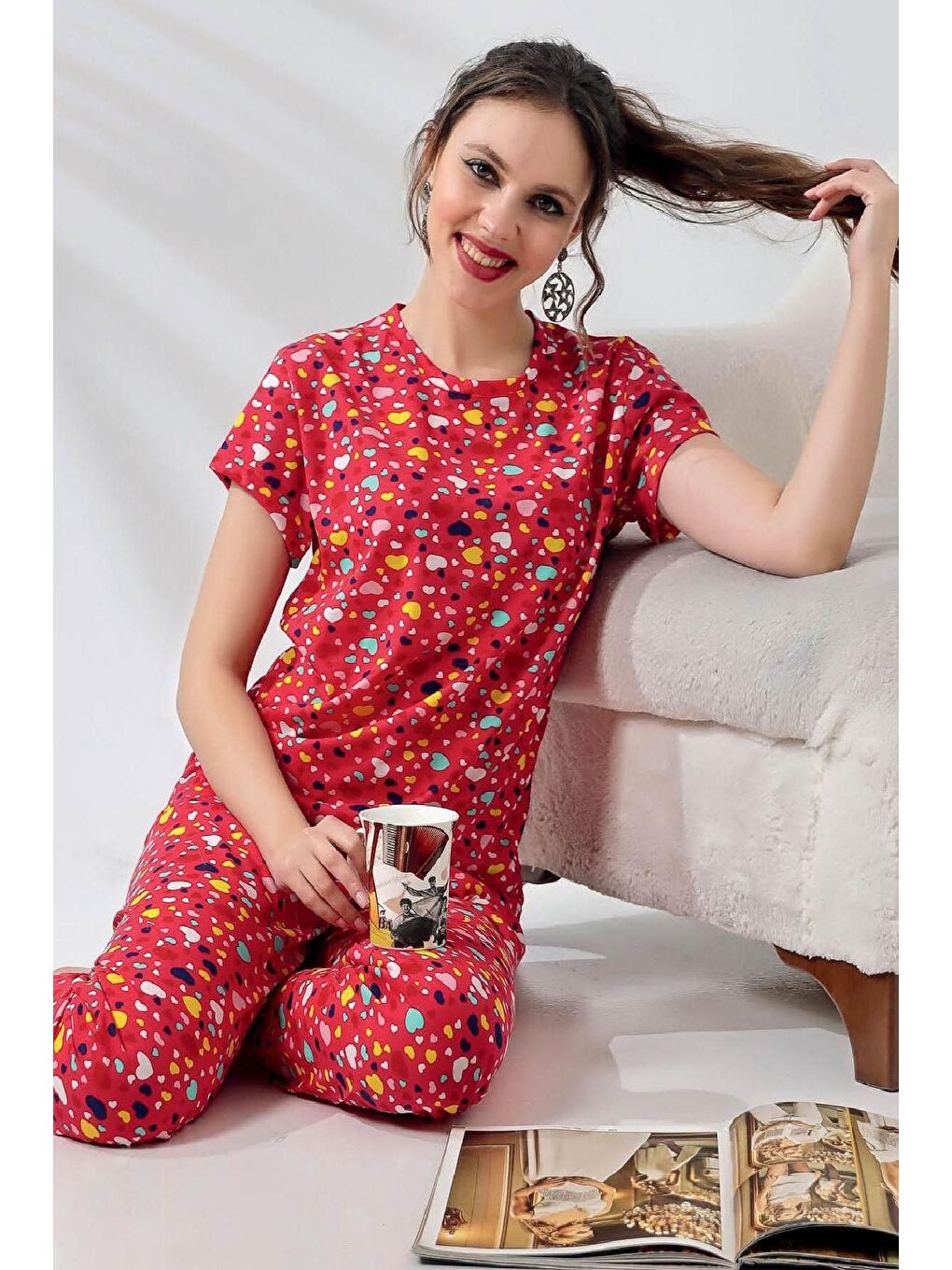 ENİSENA Fuşya Kadın Pijama Takımı-Kalp Desenli-M-L-XL-2XL-056Zmrm