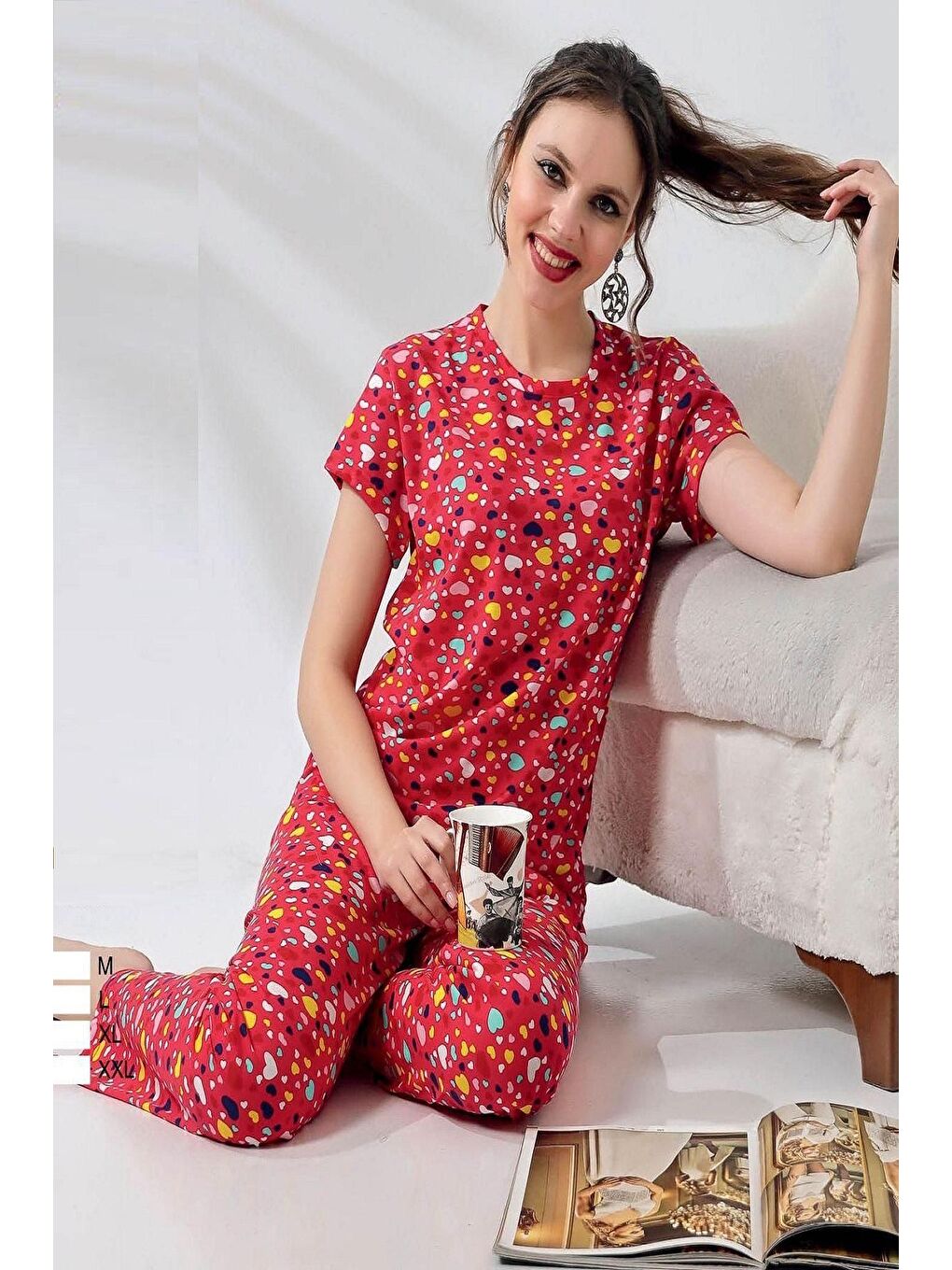 ENİSENA Fuşya Kadın Pijama Takımı-Kalp Desenli-M-L-XL-2XL-056Zmrm - 1