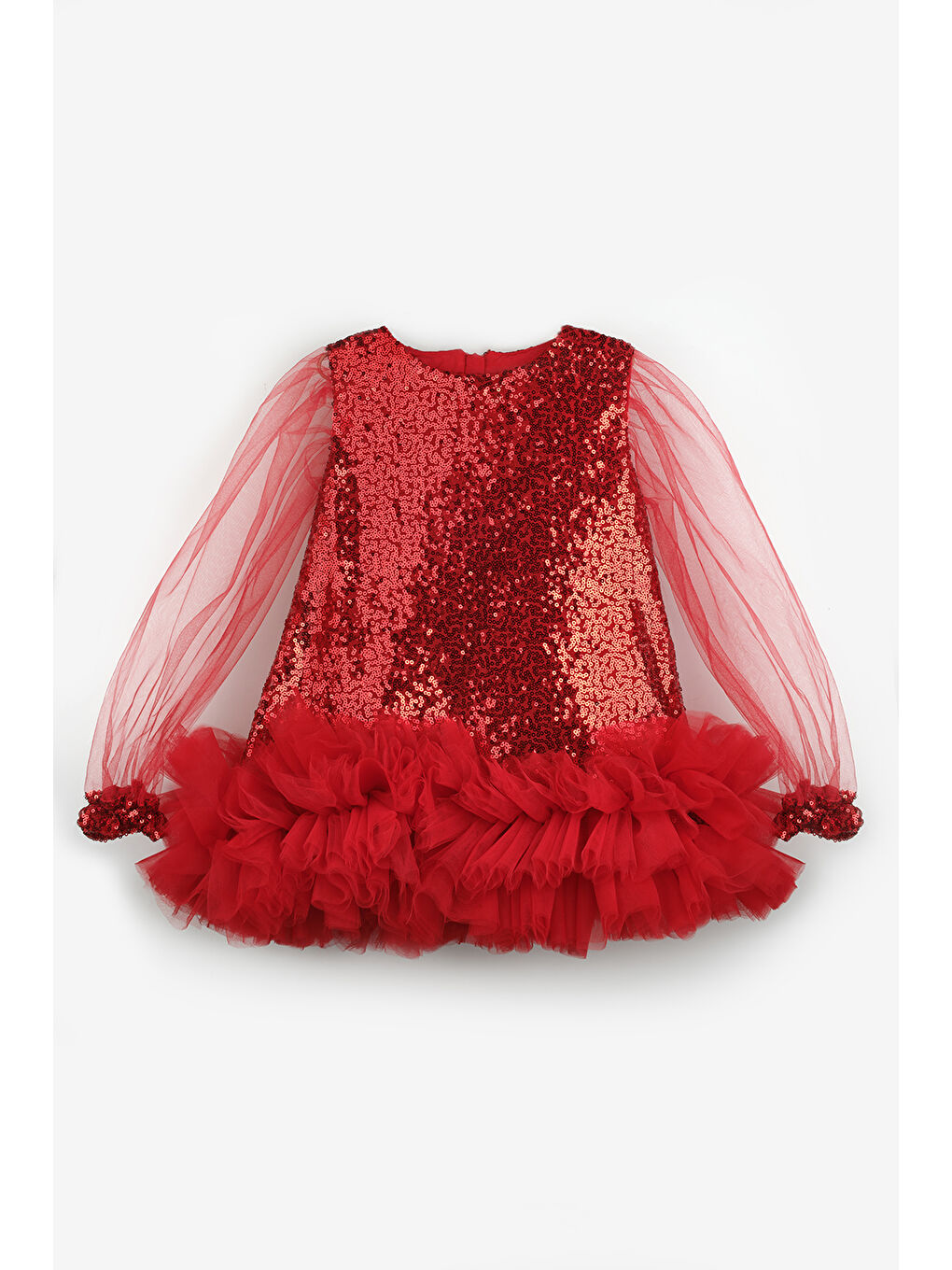 Kırmızı Pullu Etek Ucu Tüllü Kız Çocuk Elbise - Balenca-4