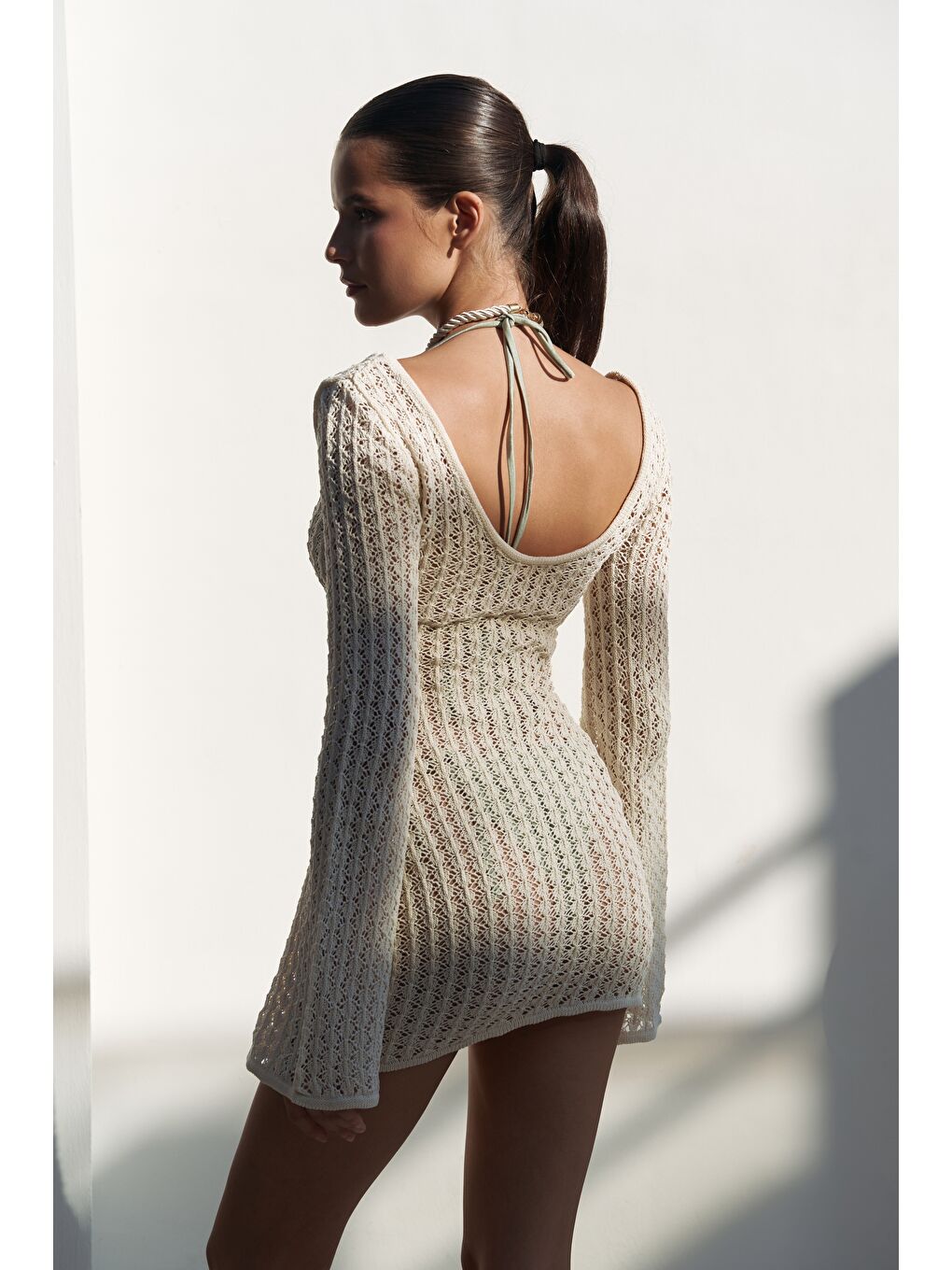 Taufi Metal Aksesuar Detay Bej Mini Triko Elbise-4