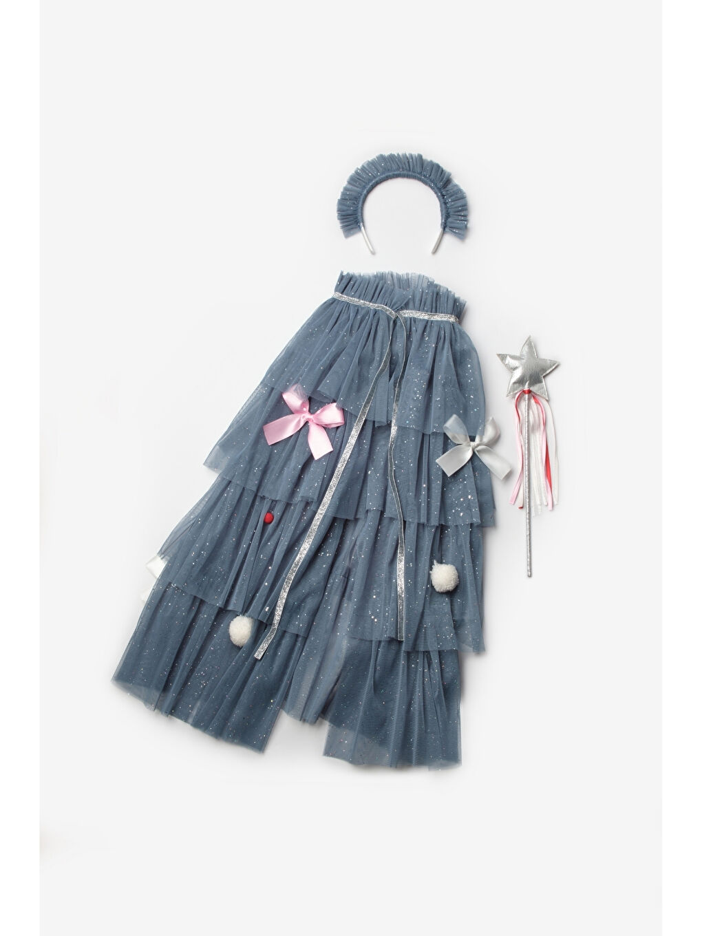 Petrol Ponponlu Fiyonklu Kız Çocuk Yılbaşı Pelerin Set