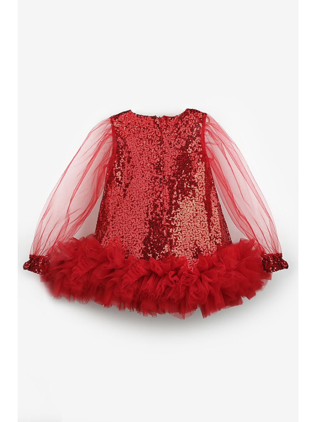 Kırmızı Pullu Etek Ucu Tüllü Kız Çocuk Elbise - Balenca-5