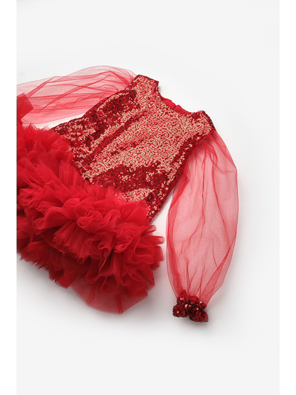 Kırmızı Pullu Etek Ucu Tüllü Kız Çocuk Elbise - Balenca-6