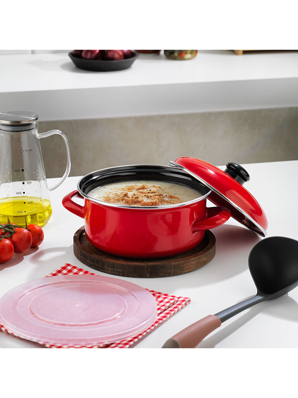 Komfort Pişir Sakla Emaye Tencere 18 Cm-Kırmızı