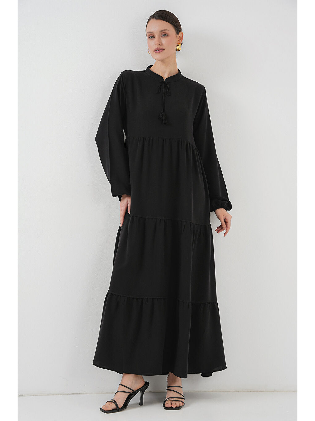 T1627 Yaka Bağcıklı Elbise - Siyah-3