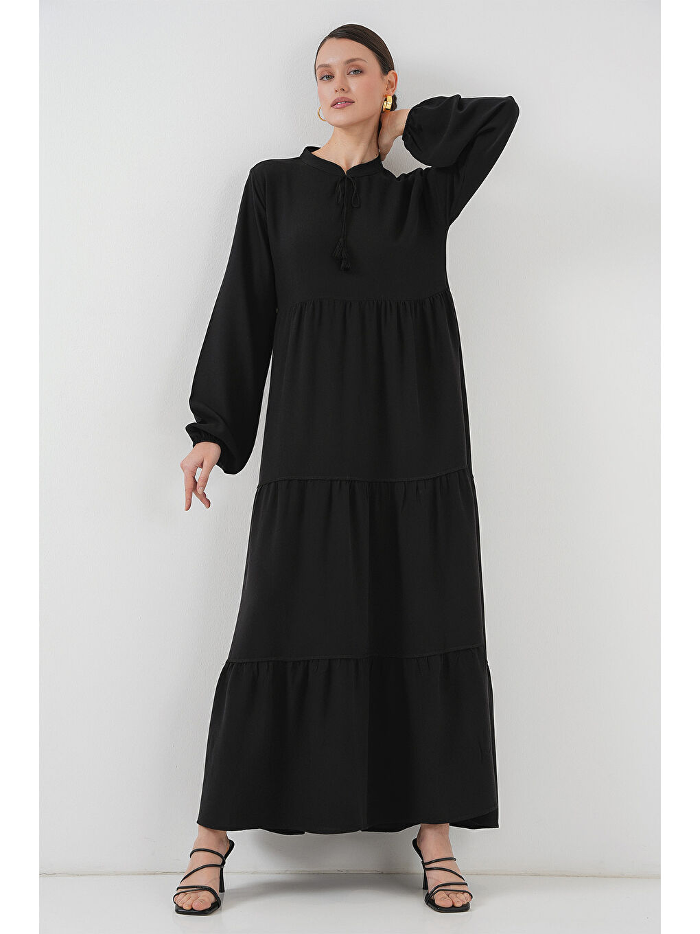 T1627 Yaka Bağcıklı Elbise - Siyah-4