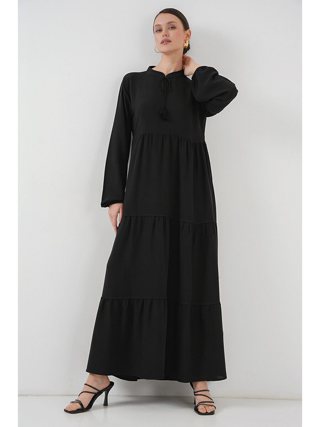 T1627 Yaka Bağcıklı Elbise - Siyah-5