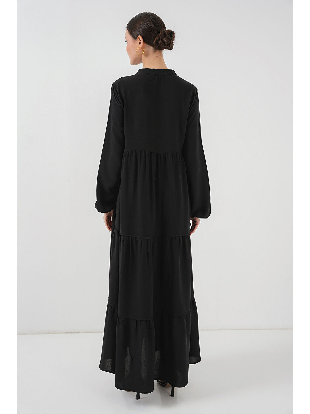 T1627 Yaka Bağcıklı Elbise - Siyah-6