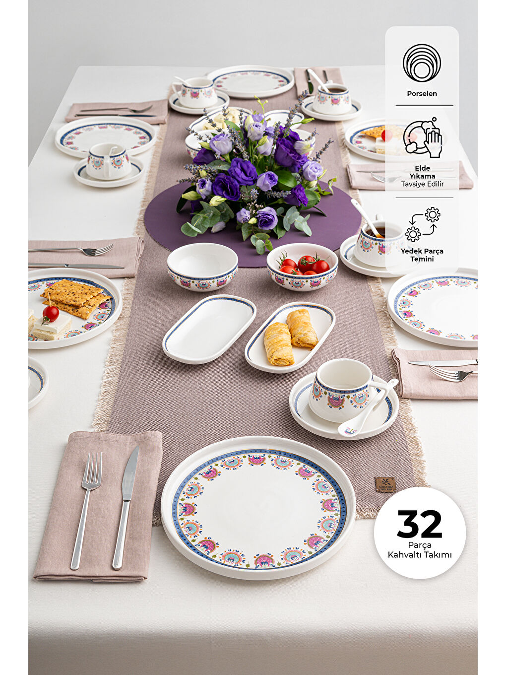 Beyaz Ethnic Pink Porselen 32 Parça 6 Kişilik Kahvaltı/Servis Takımı-3