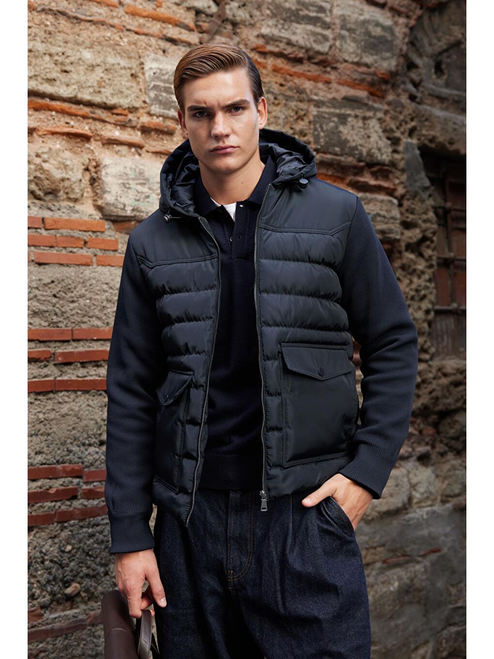 Erkek Triko Kapüşonlu Mont Lacivert