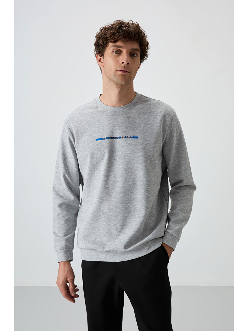 Beyaz Kar Melanj - Siyah Pamuklu Kalın Yumuşak Dokulu Comfort Fit Baskılı Erkek Eşofman Takım - 85239-2