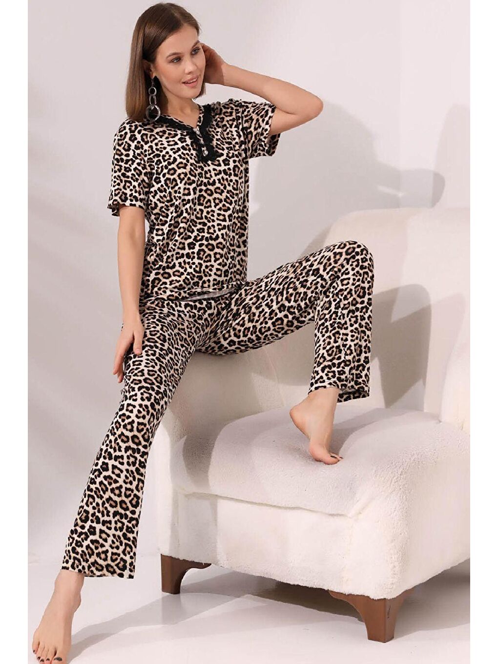 ENİSENA Ekru-Kahverengi Kadın Pijama Takımı-Biyeli Yaka Detaylı-M-L-XL-2XL-063Zmrm