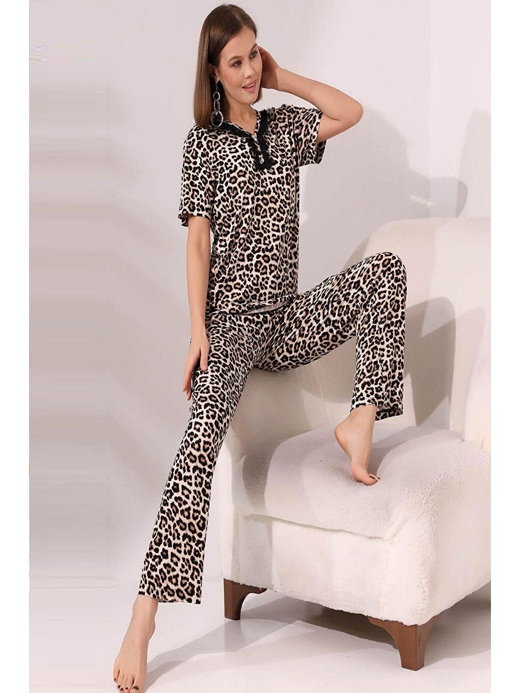 ENİSENA Ekru-Kahverengi Kadın Pijama Takımı-Biyeli Yaka Detaylı-M-L-XL-2XL-063Zmrm - 1