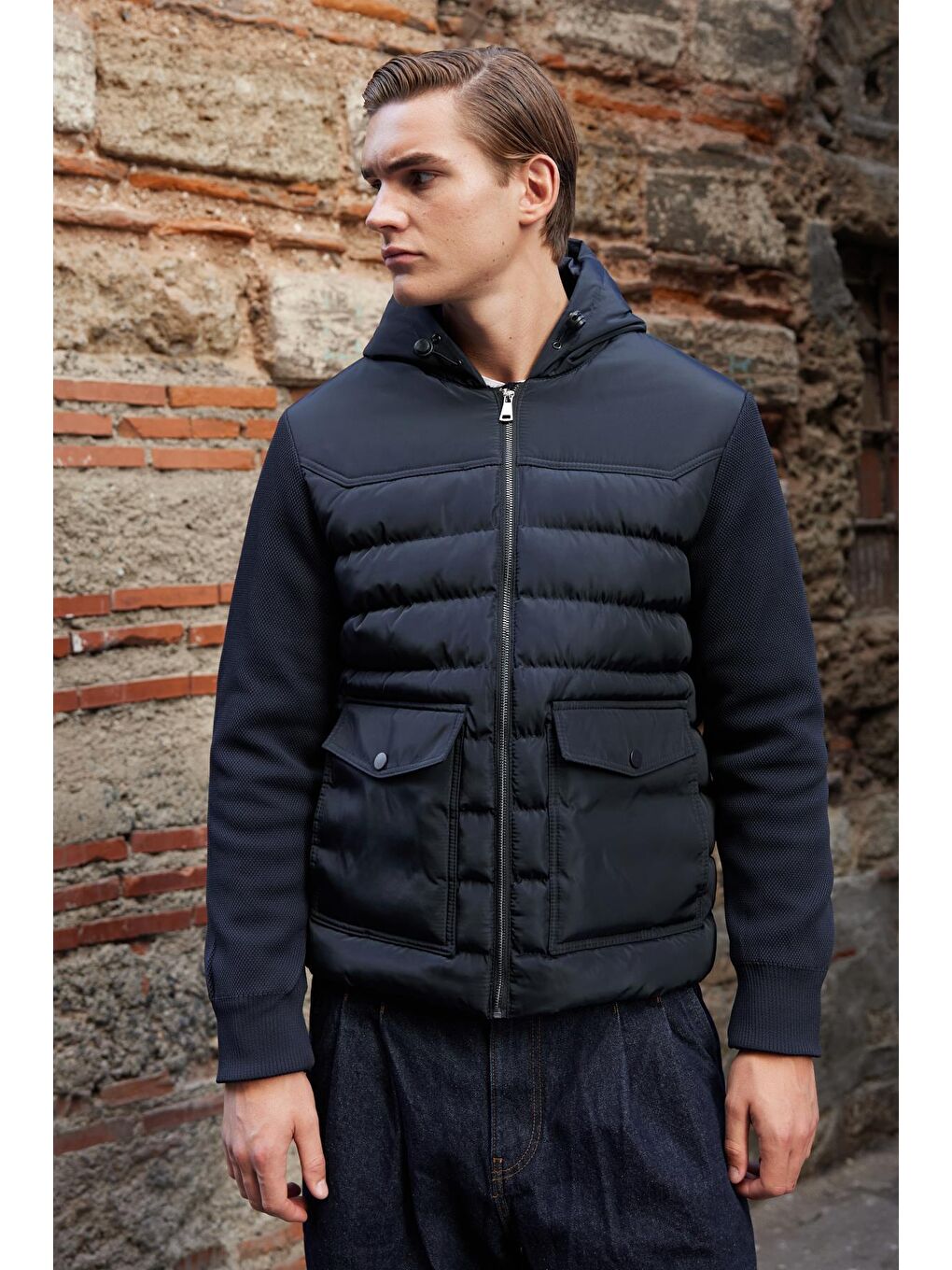 Erkek Triko Kapüşonlu Mont Lacivert-2