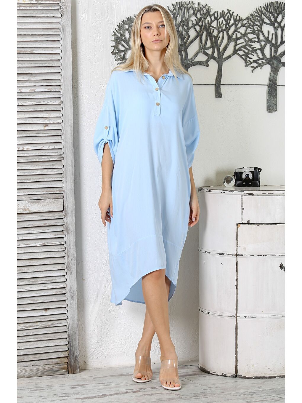 Gök Mavisi Gömlek Yaka Düğmeli 3/4 Kol Düğmeli Sırt Dekolteli Arkası Uzun Dokuma Elbise-4