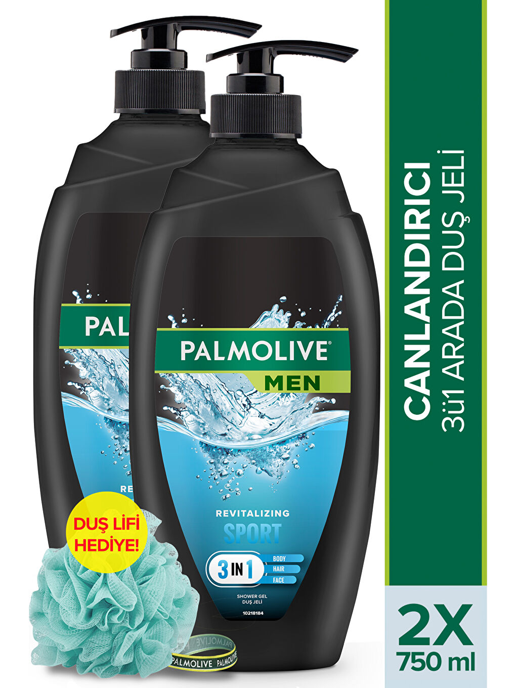 Palmolive Mavi Men Sport 3ü1 Arada Canlandırıcı Duş Jeli 750 ml x 2 Adet + Duş Lifi Hediye