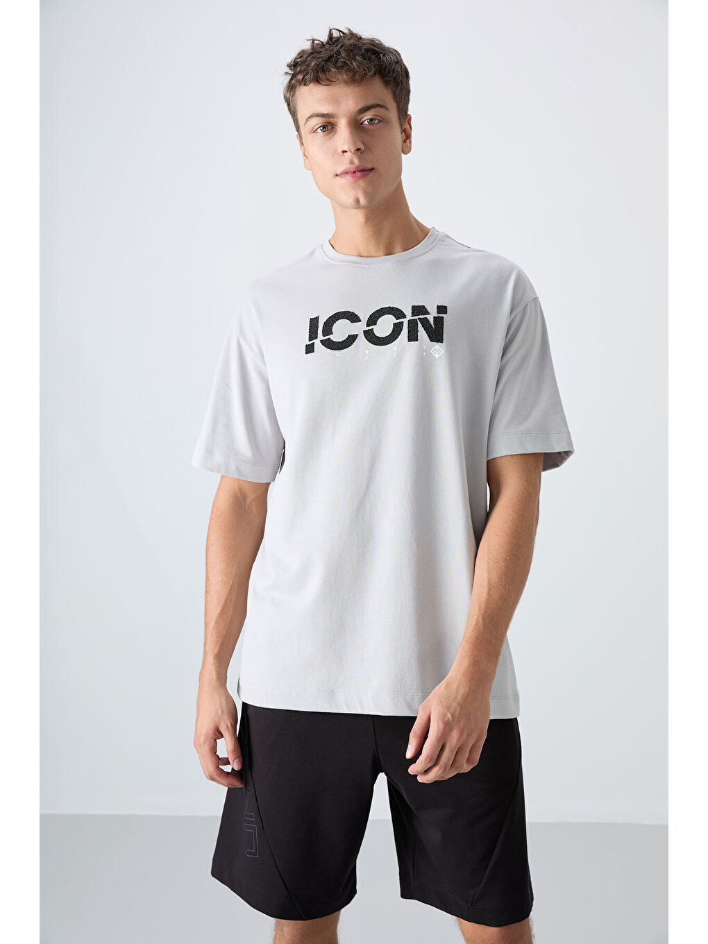 Bej Taş Pamuklu Kalın Yumuşak Dokulu Oversize Fit Baskılı Erkek Tişört - 88331