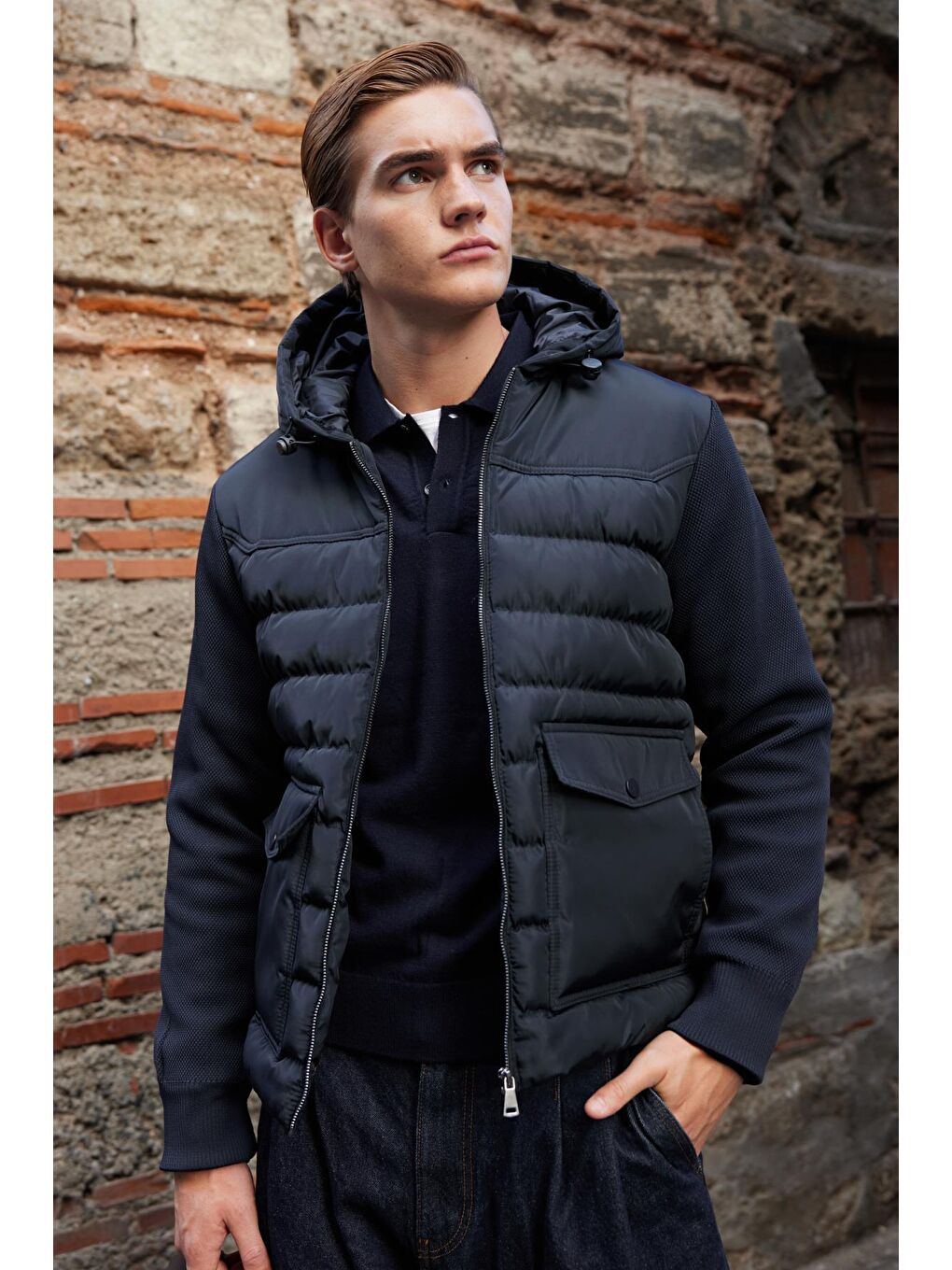 Erkek Triko Kapüşonlu Mont Lacivert-3