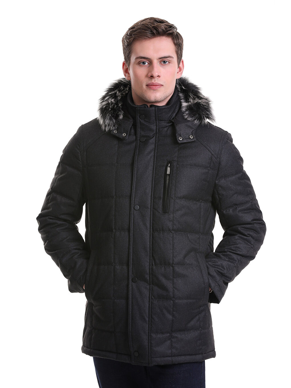 Siyah Slim Fit Düz Hakim Yaka Kürklü Kapüşonlu Kaban