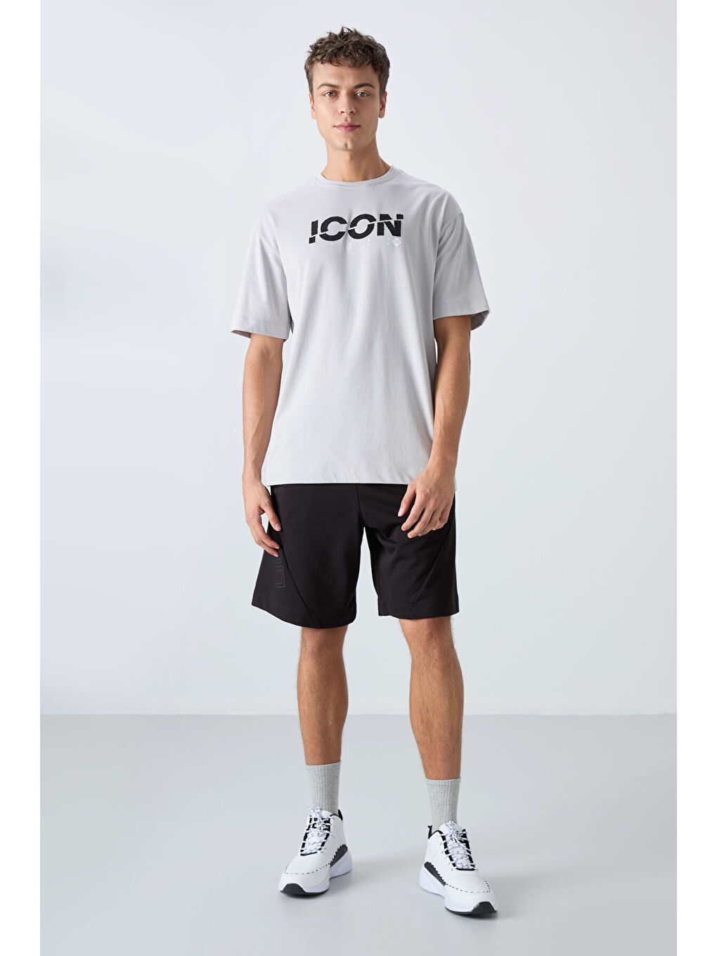 Bej Taş Pamuklu Kalın Yumuşak Dokulu Oversize Fit Baskılı Erkek Tişört - 88331-1