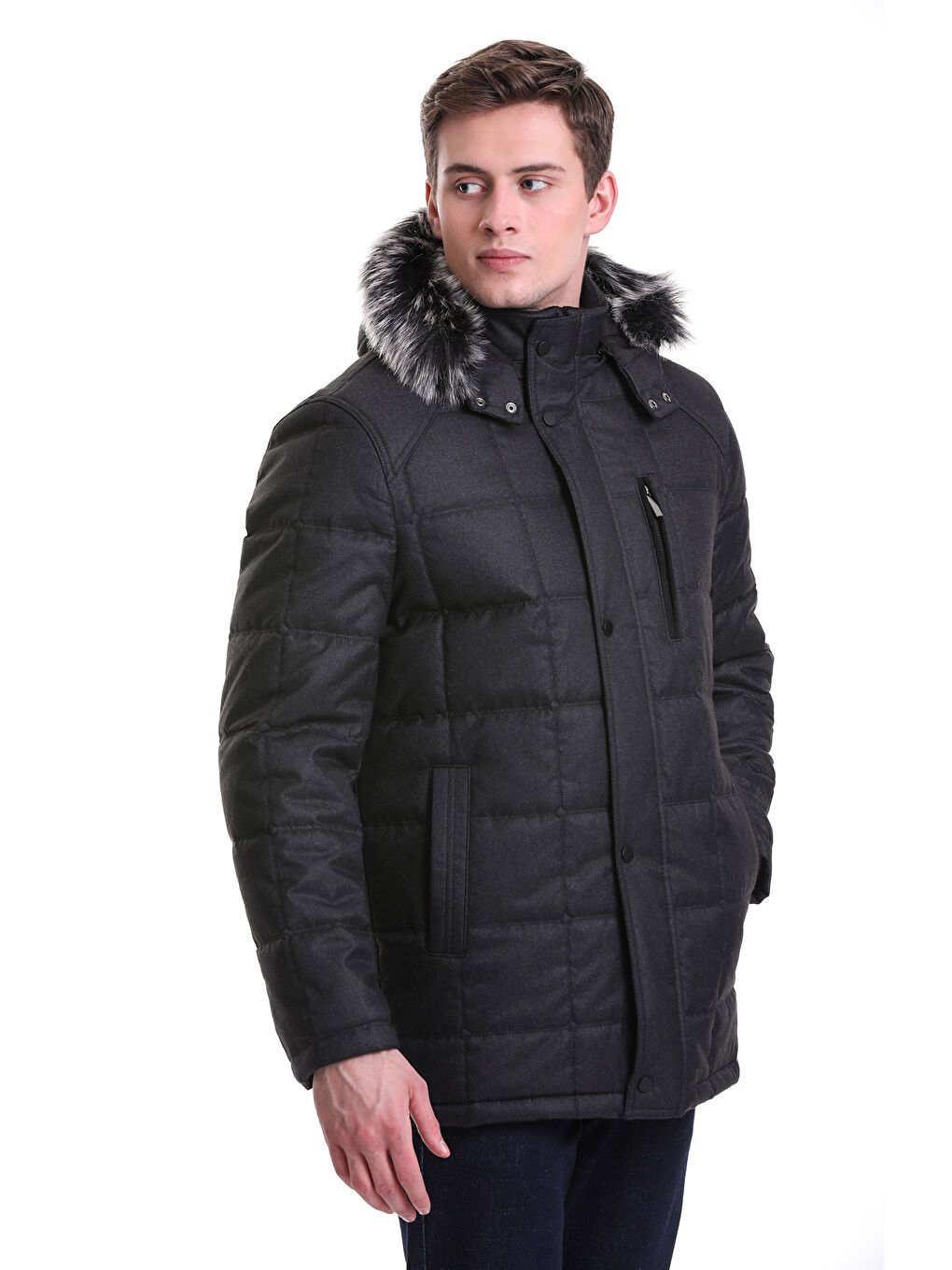 Siyah Slim Fit Düz Hakim Yaka Kürklü Kapüşonlu Kaban-1