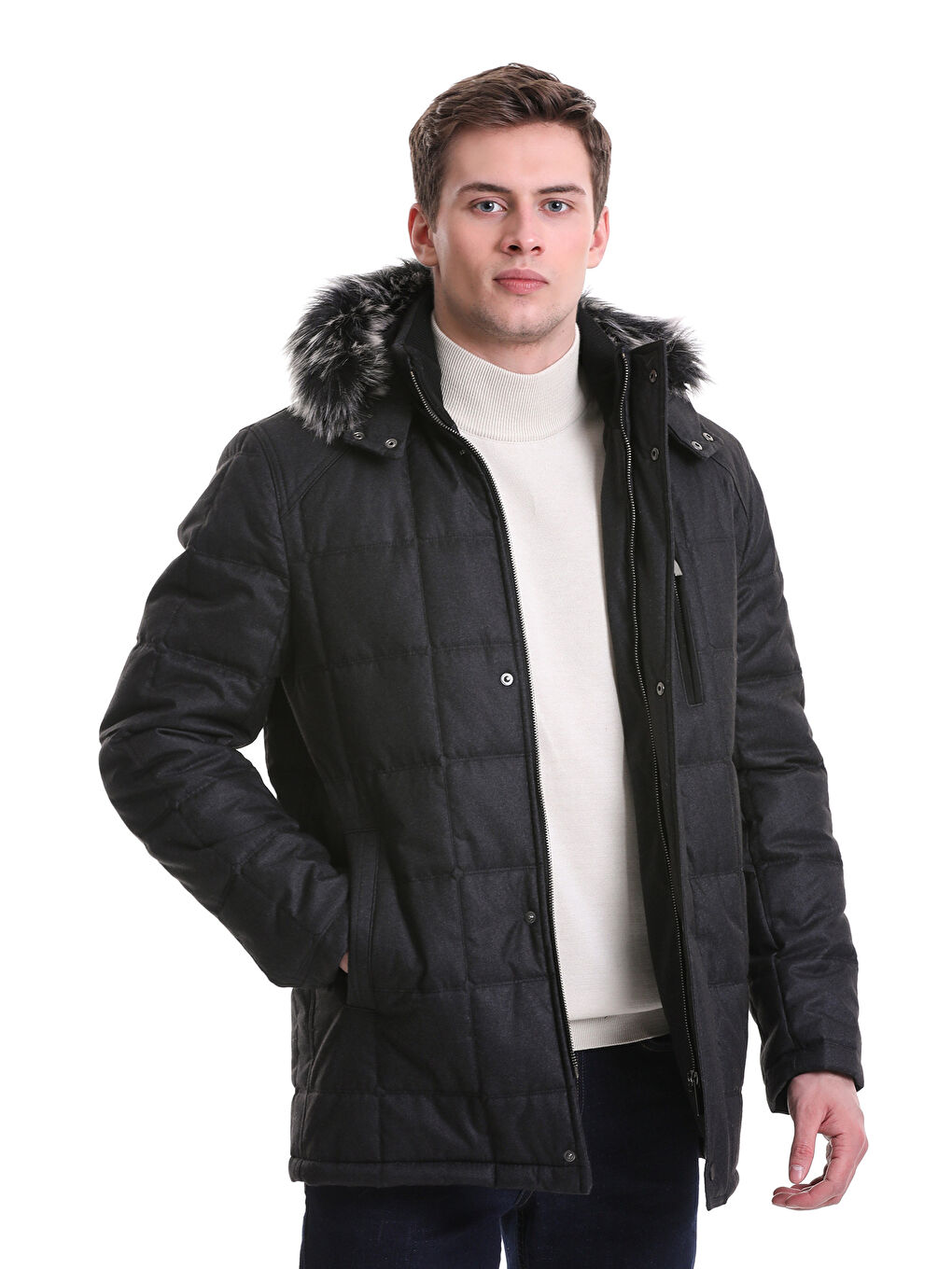 Siyah Slim Fit Düz Hakim Yaka Kürklü Kapüşonlu Kaban-2
