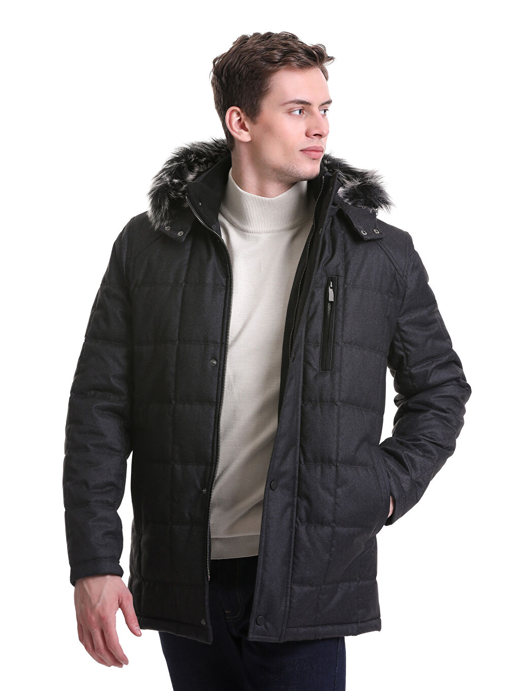 Siyah Slim Fit Düz Hakim Yaka Kürklü Kapüşonlu Kaban-3