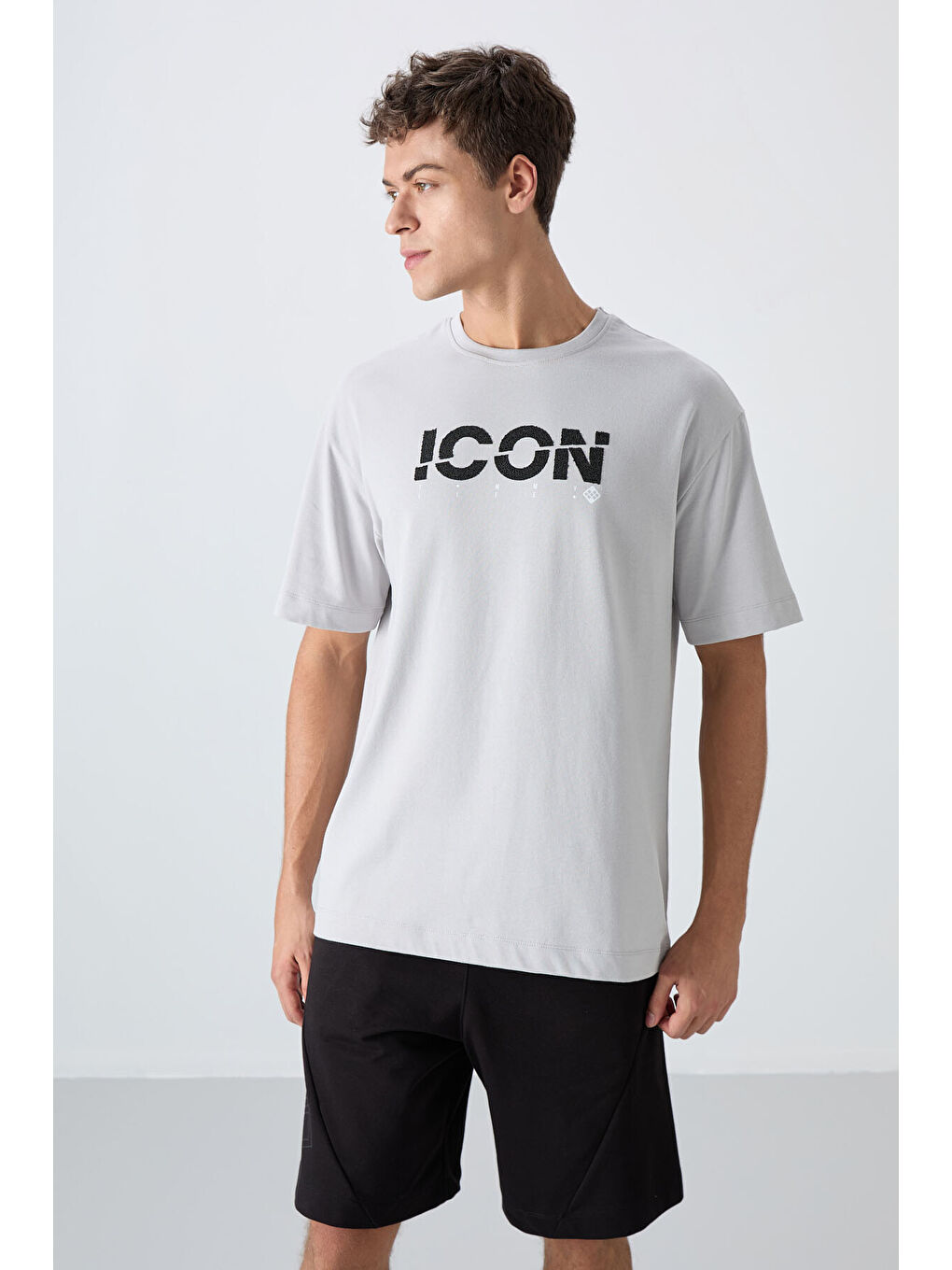 Bej Taş Pamuklu Kalın Yumuşak Dokulu Oversize Fit Baskılı Erkek Tişört - 88331-3