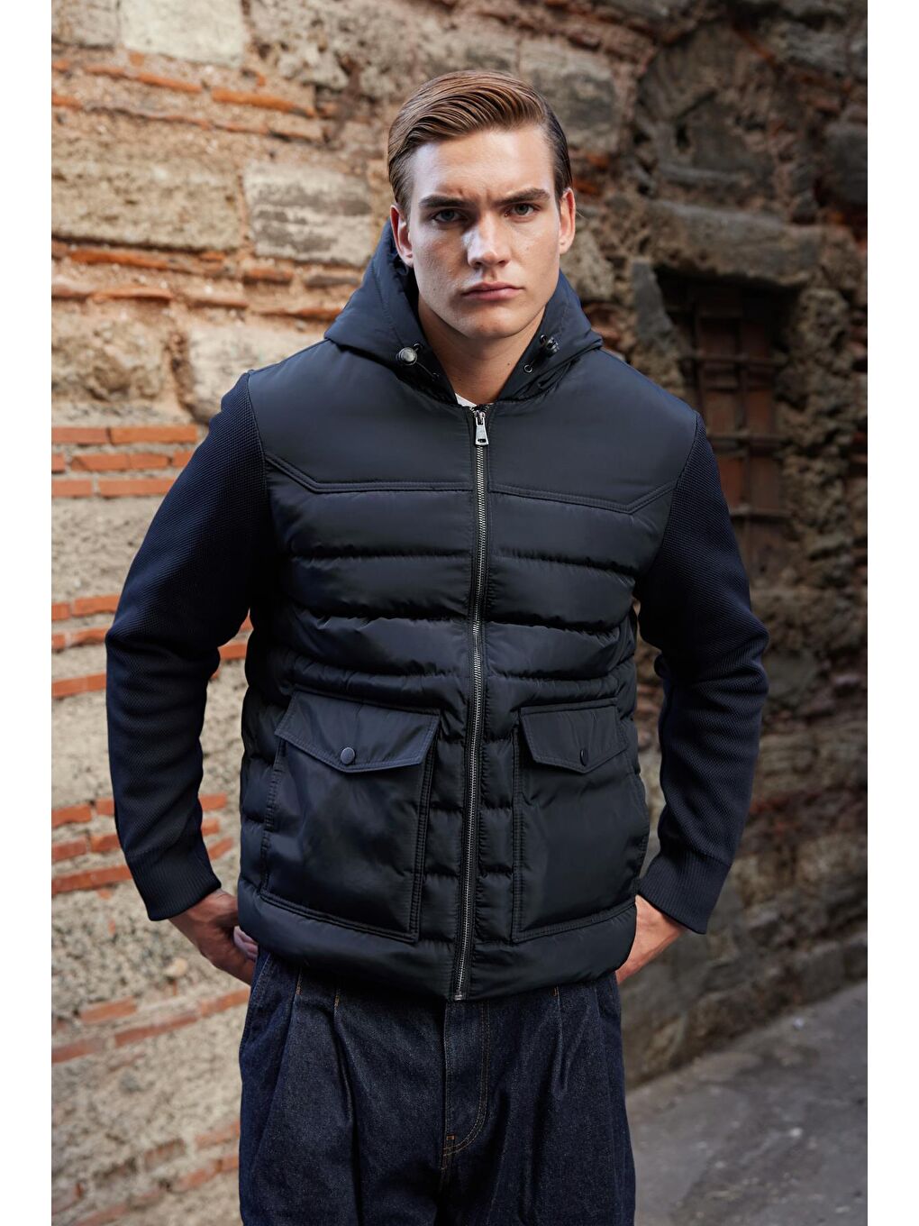 Erkek Triko Kapüşonlu Mont Lacivert-4