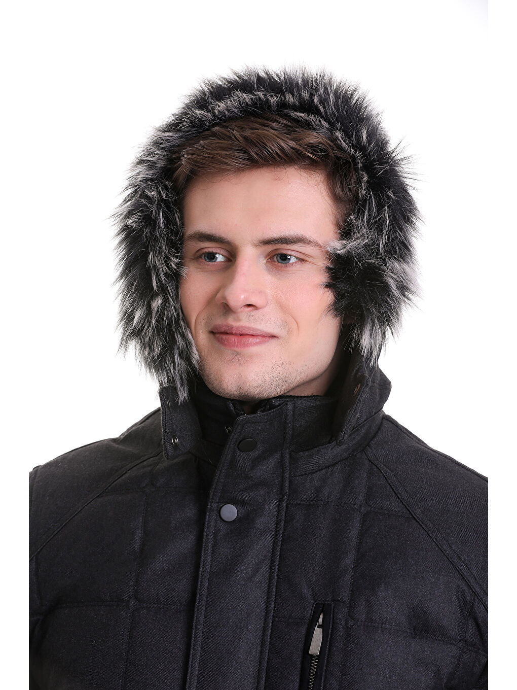 Siyah Slim Fit Düz Hakim Yaka Kürklü Kapüşonlu Kaban-4