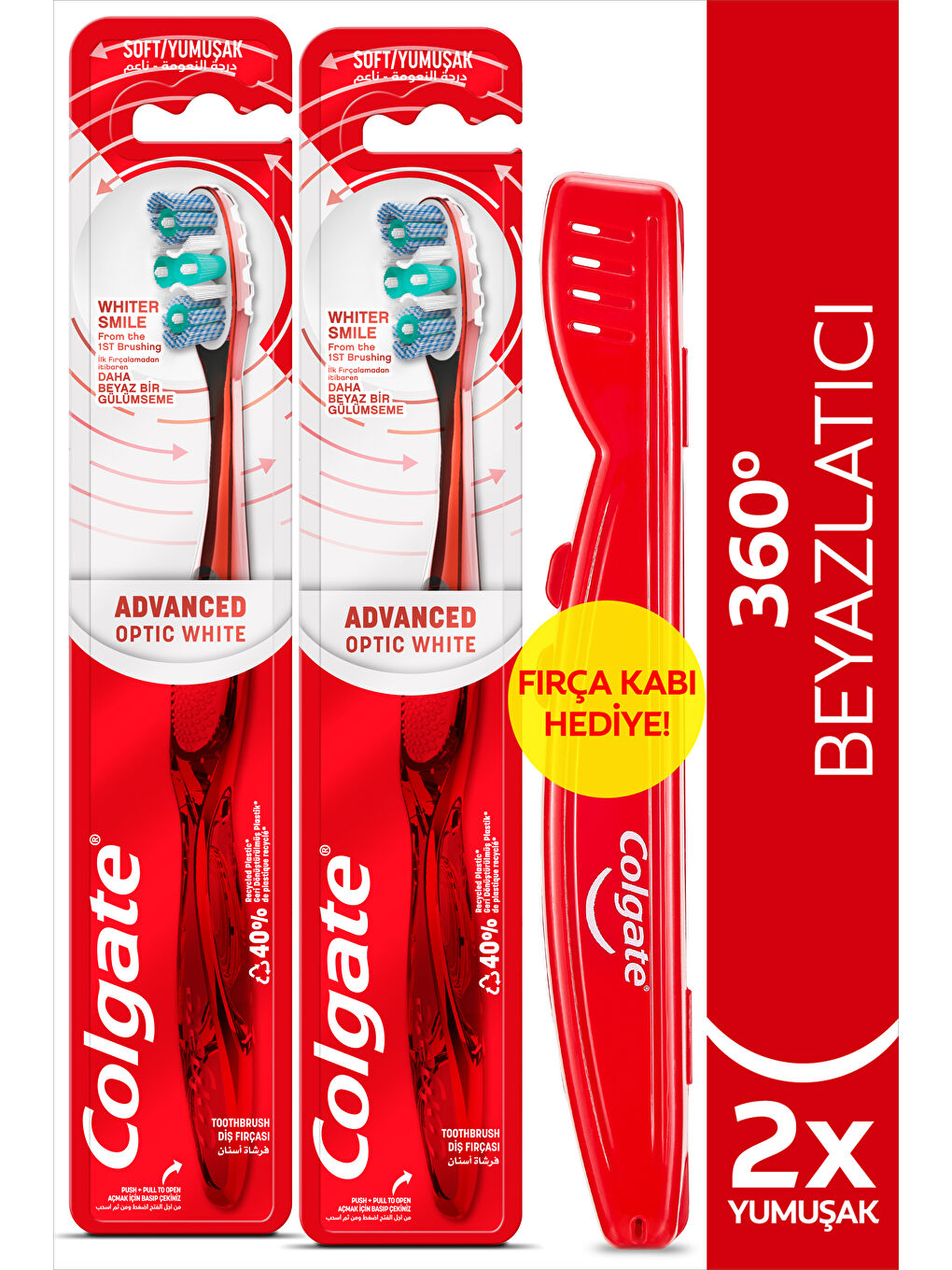 Colgate Beyaz-Kırmızı 360 Gelişmiş Optik Beyaz Yumuşak Beyazlatıcı Diş Fırçası x 2 Adet + Diş Fırçası Kabı Hediye