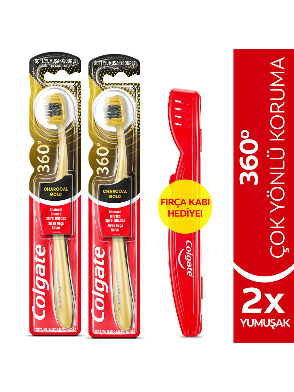 Colgate Sarı-Siyah 360 Charcoal Gold Çok Yönlü Koruma Yumuşak Diş Fırçası x 2 Adet + Diş Fırçası Kabı Hediye