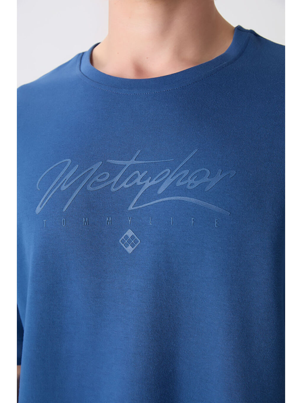 Mavi Pamuklu Kalın Yumuşak Dokulu Oversize Fit Baskılı Erkek Tişört - 88320-2