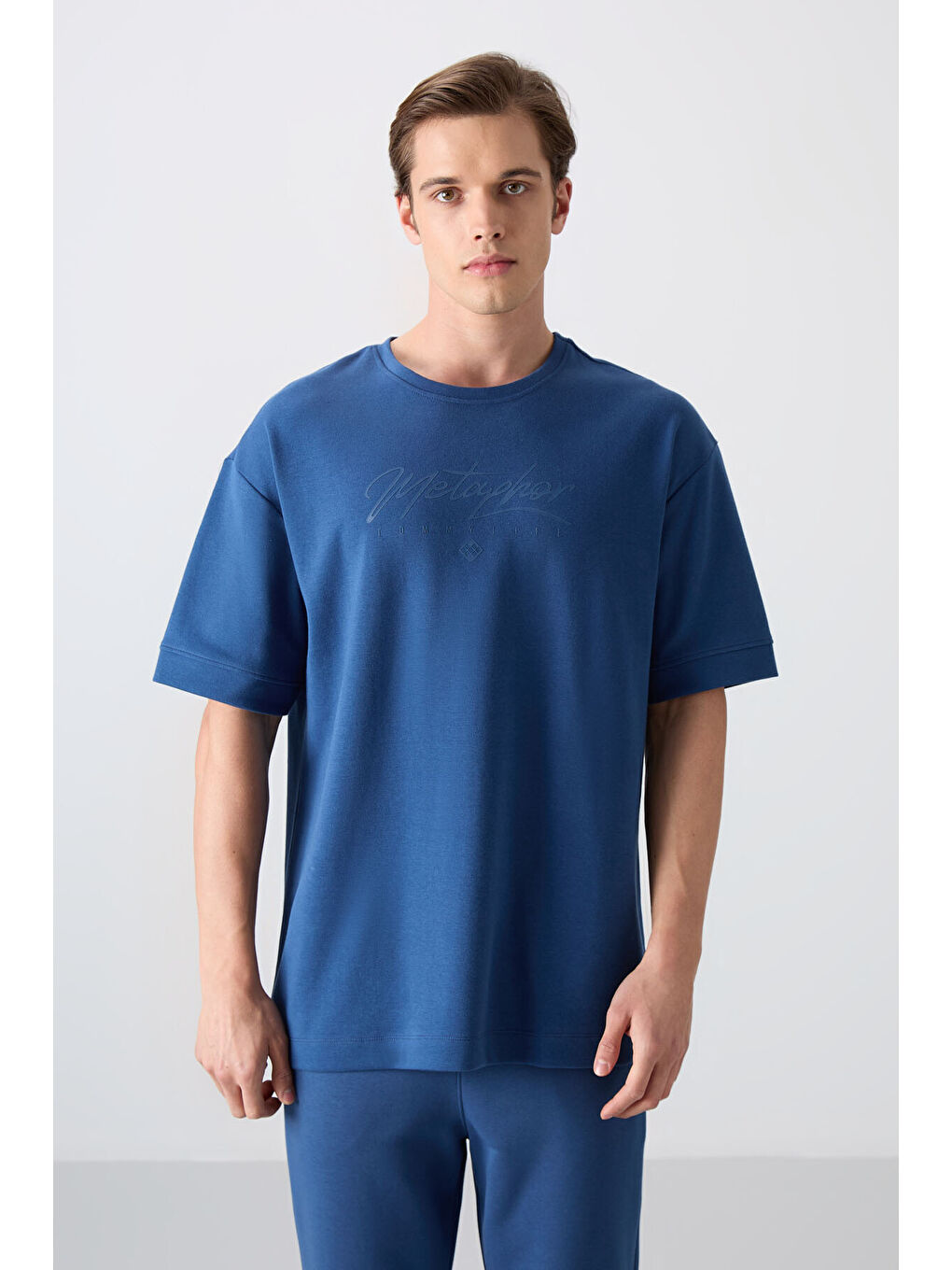 Mavi Pamuklu Kalın Yumuşak Dokulu Oversize Fit Baskılı Erkek Tişört - 88320-3