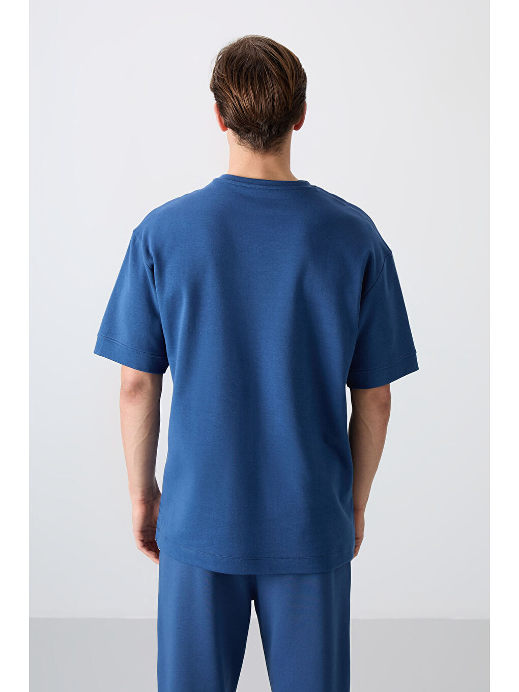 Mavi Pamuklu Kalın Yumuşak Dokulu Oversize Fit Baskılı Erkek Tişört - 88320-4