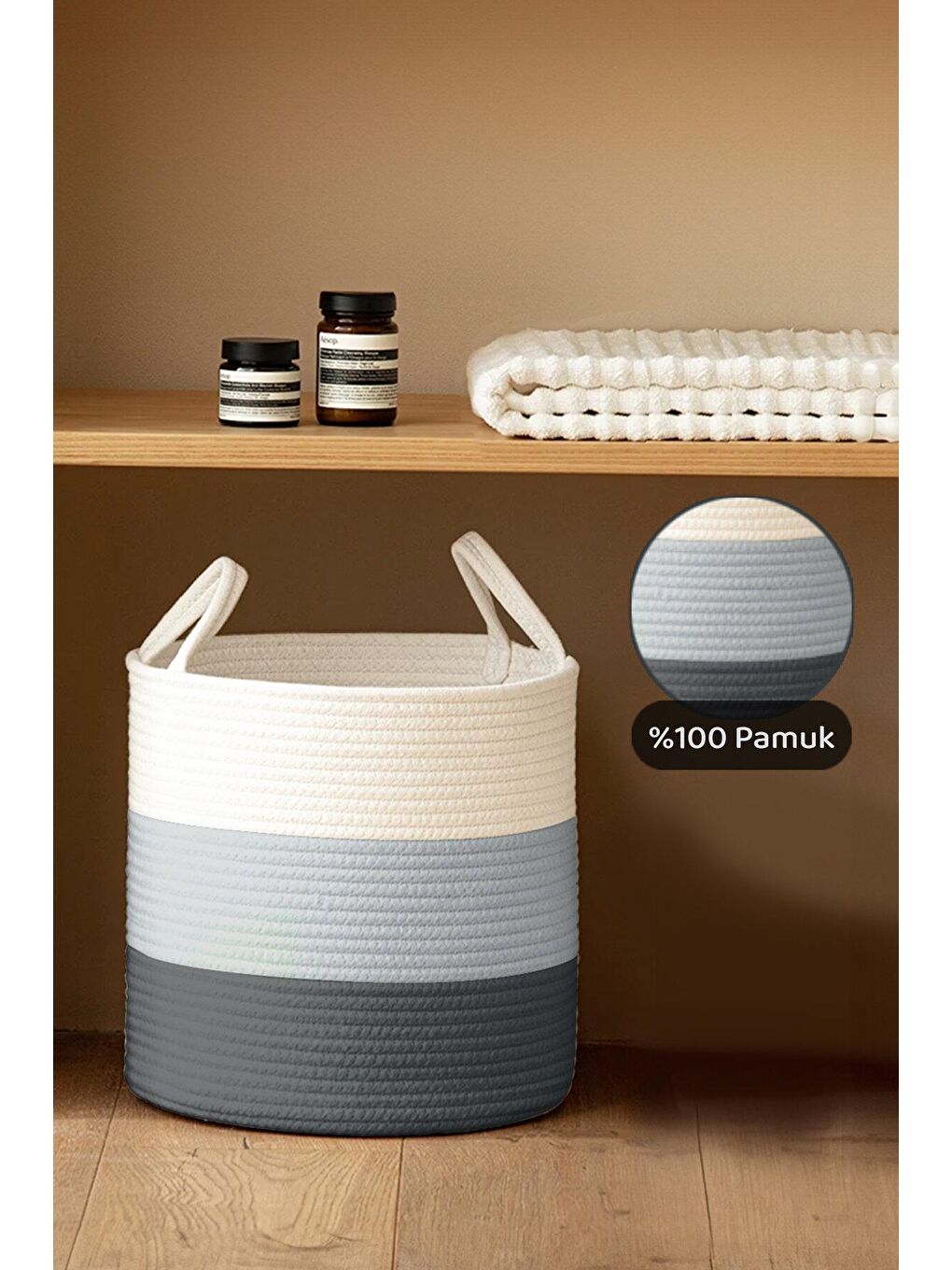 Gri Jüt Kulplu Pamuk Halat Sepet - Çok Amaçlı Düzenleyici Hasır Dokuma Dekoratif Saksı 28 Cm