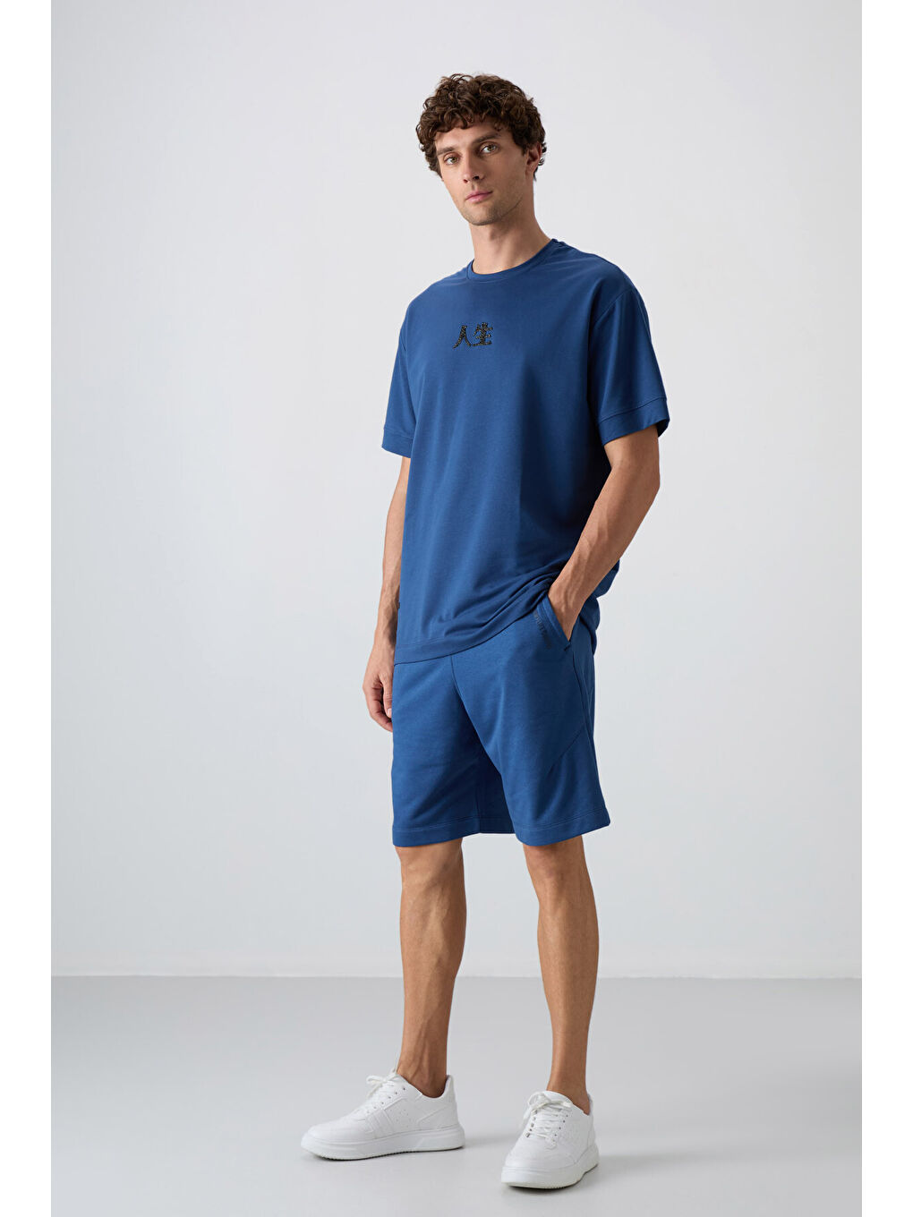 Lacivert Parlament Pamuklu Kalın Yumuşak Dokulu Oversize Fit Baskılı Erkek Tişört - 88342-2