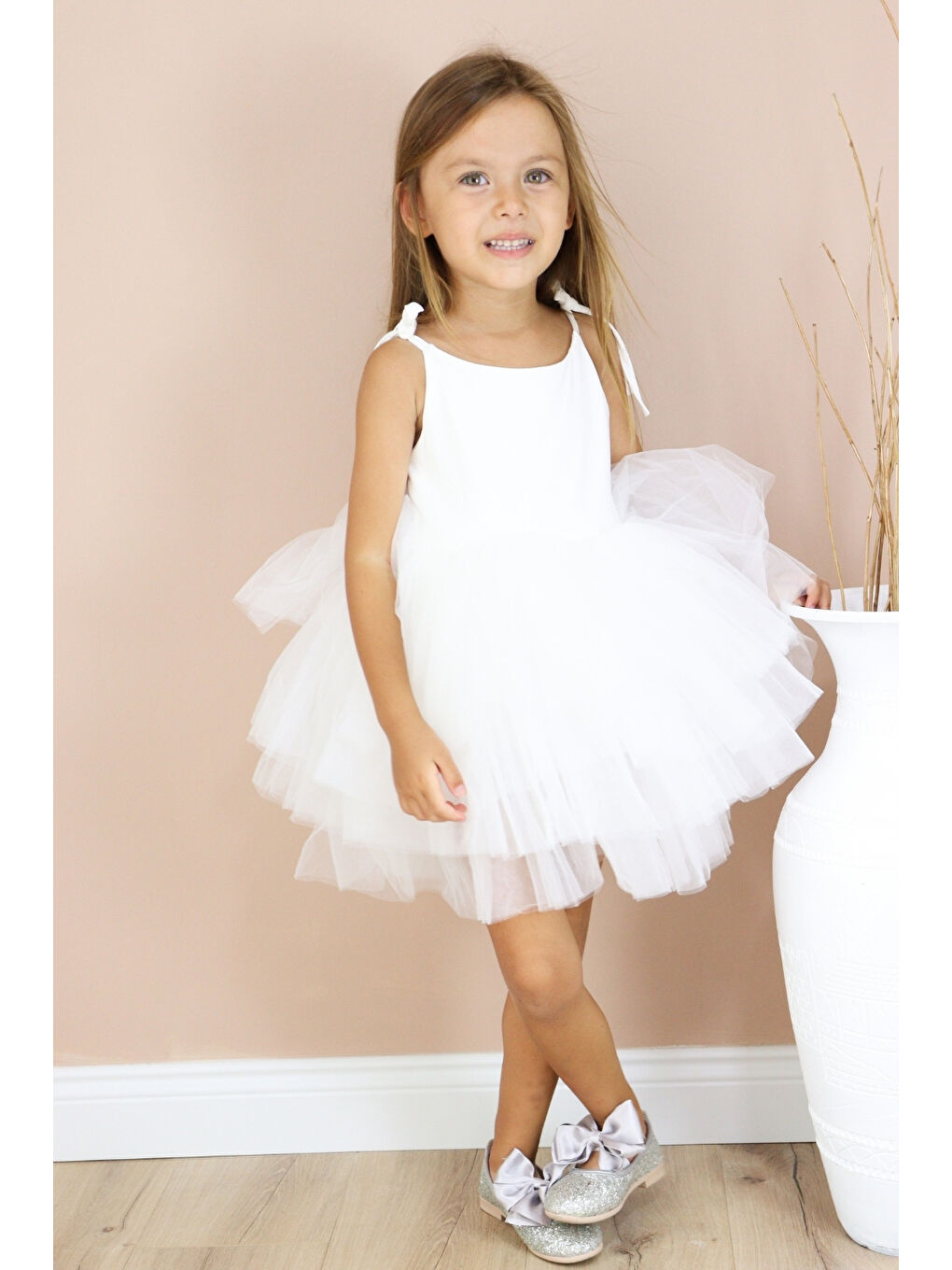 Ekru  Tütü Etekli Askılı Kız Çocuk Balerin Elbise - Jade-1