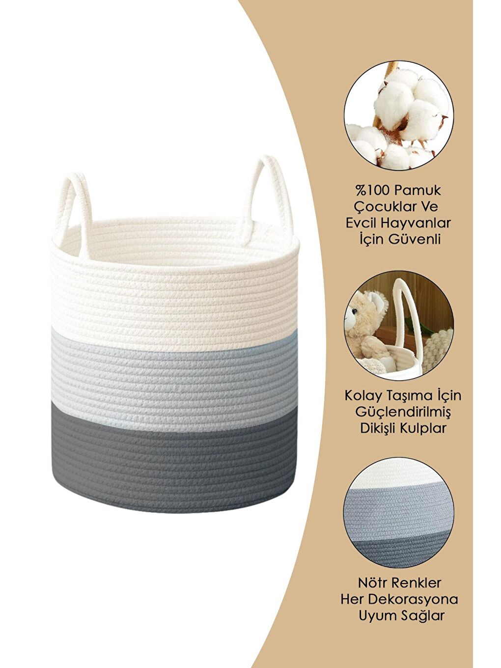 Gri Jüt Kulplu Pamuk Halat Sepet - Çok Amaçlı Düzenleyici Hasır Dokuma Dekoratif Saksı 28 Cm-2