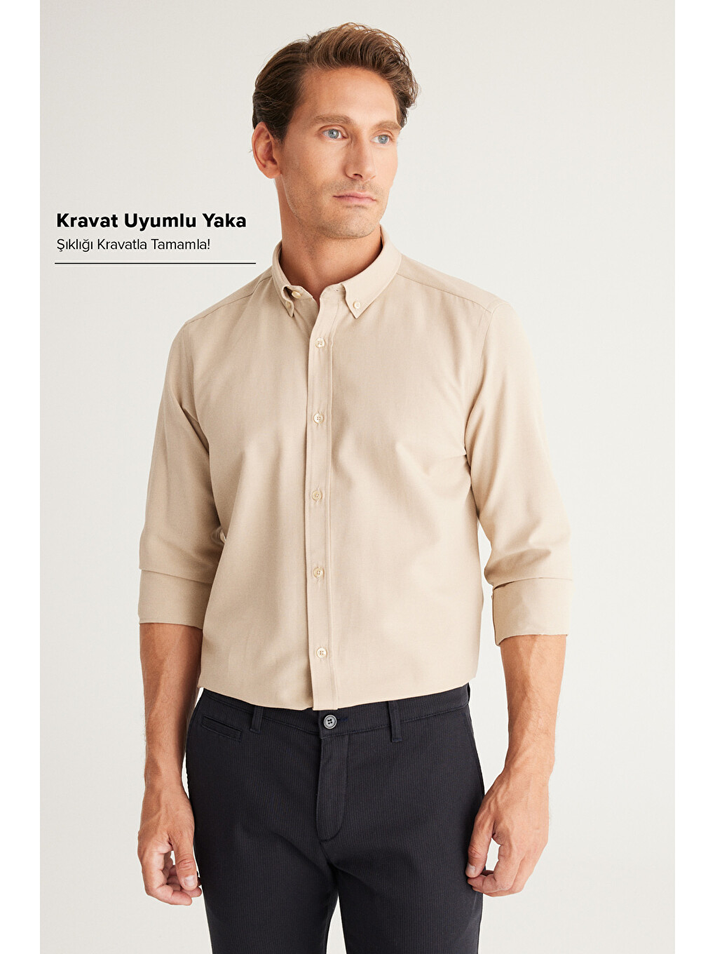 Erkek Bej Tailored Slim Fit Dar Kesim Düğmeli Yaka Oxford Gömlek-1