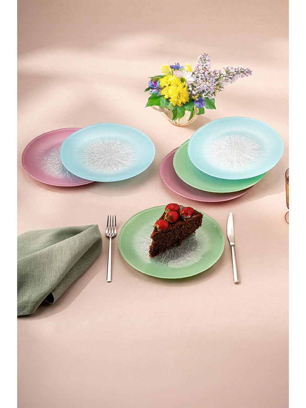 Yeşil Pastel 6 Kişilik Cam Pasta Seti 21 cm-2