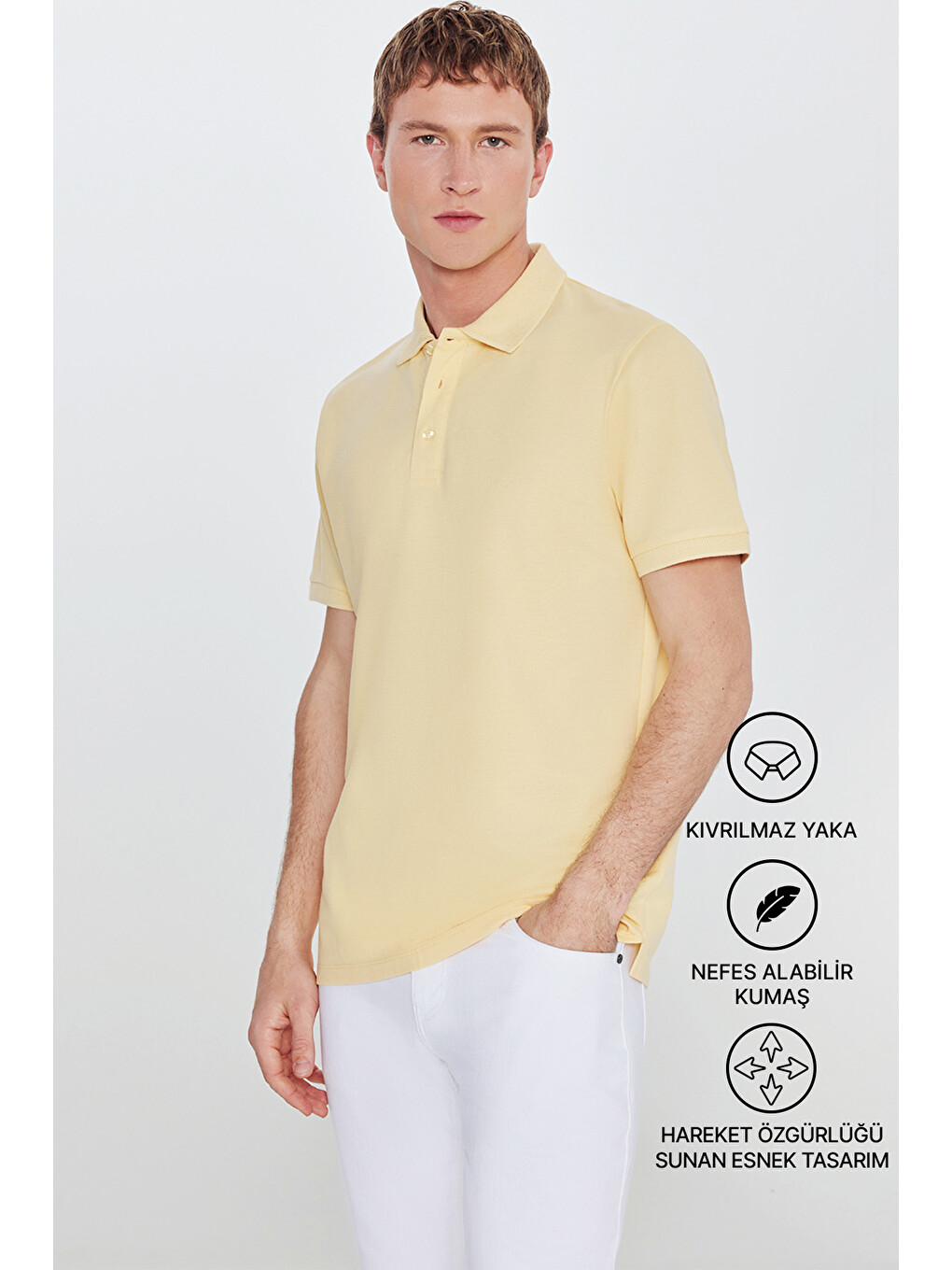 Erkek Sarı Slim Fit Dar Kesim Polo Yaka %100 Pamuk Kısa Kollu Tişört-1