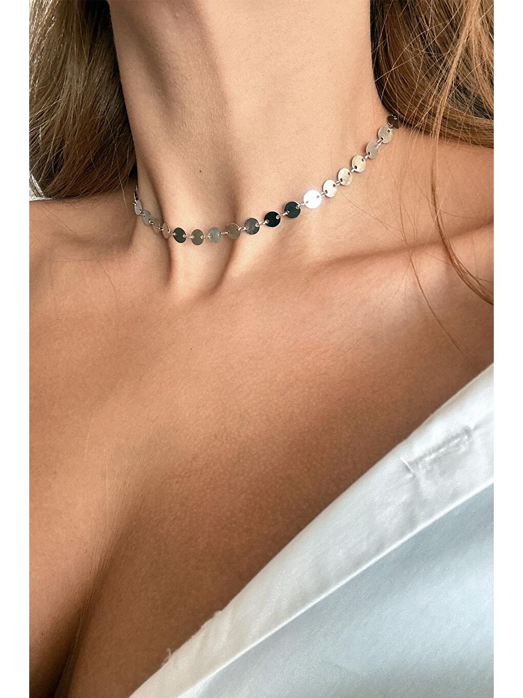 Gri Gümüş Rengi Pul Detaylı VIP Arucas Zincir Choker Kolye-1