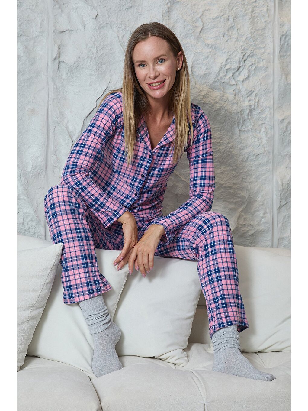 Mavi Ayıcık Desenli Gömlek Yaka Süet Pijama Takımı-2